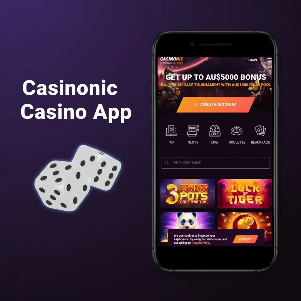 Casinonic app casino lobby with slots, Book of Dead, Sweet Bonanza, blackjack, roulette, live dealers, and promos.