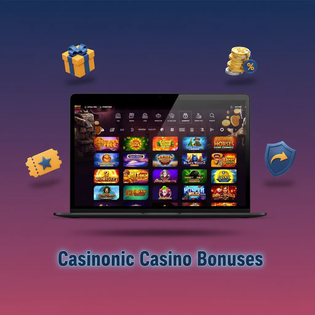Casinonic bonuses infographic: Weekly Reload 50%; 25–75 Free Spins Tue; High Roller 30%; 10% Cashback Mon; Birthday bonus
