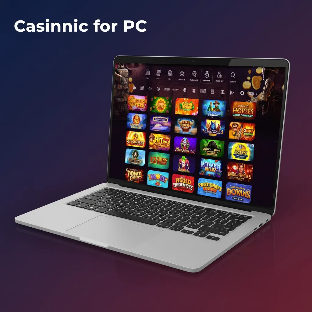 Casinonic for PC shown in browser on Windows and macOS; sign in, deposit, launch games; no desktop app needed