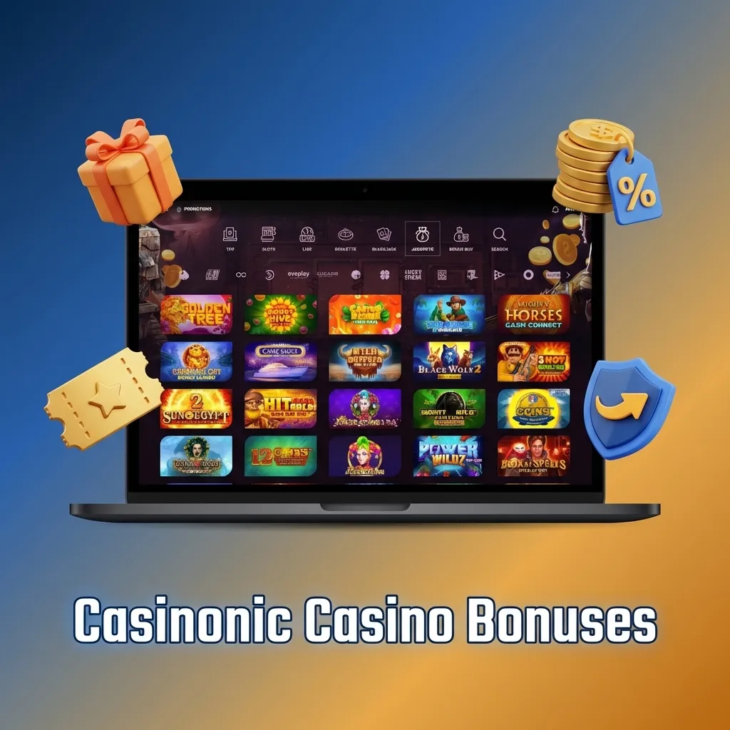 Casinonic Casino bonus offers displayed with percentages and game icons for pokies, live casino, and reload promotions