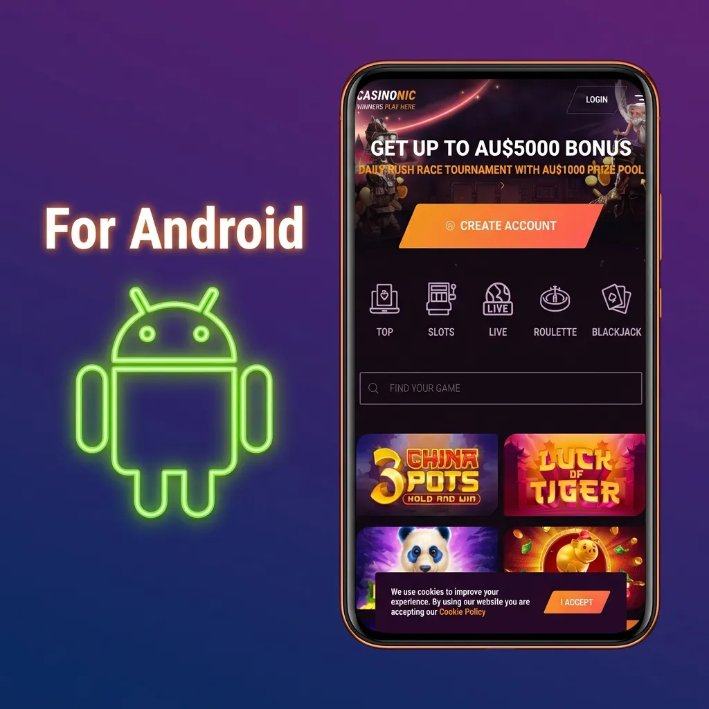 Android app installation guide showing steps to download Casinonic APK for devices running version 5.0 or higher