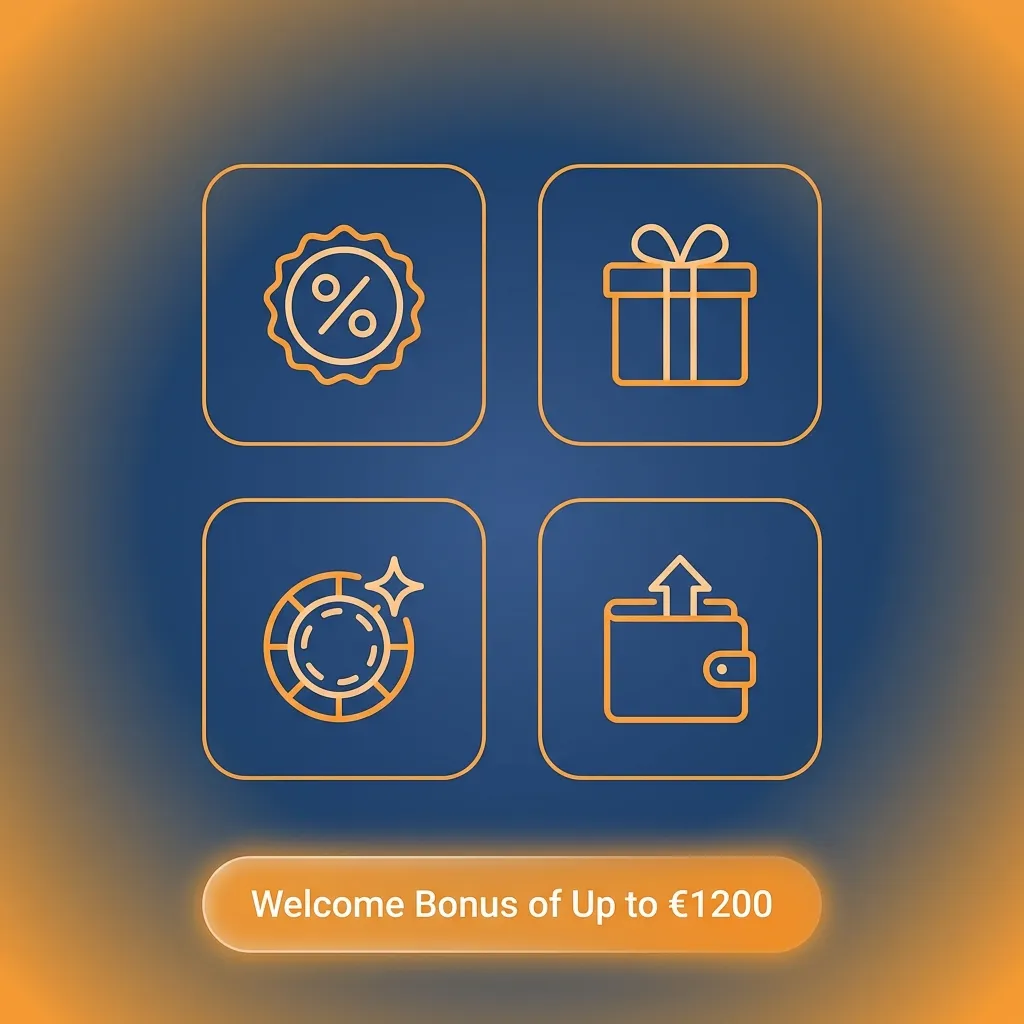 Multi-tier casino welcome bonus up to €1200 with deposit match percentages and wagering requirements displayed
