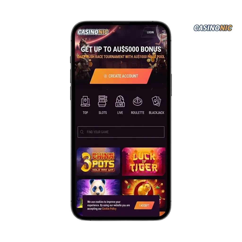 Casinonic mobile app interface showing casino games and sports betting options with payment methods for Australian players