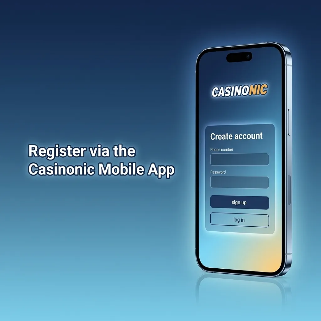Smartphone displaying Casinonic mobile app registration screen with sign-up button and multiple registration method options